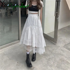 Cyflymder Vintage Black Gothic Y2K Long Skirt Autumn Lace Stitching Irregular Pleated Women White