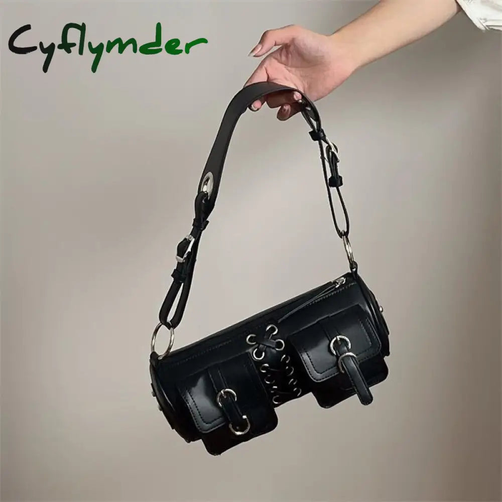 Cyflymder Vintage Black Women Cylinder Underarm Bags Double Pocket Design Ladies Shoulder Bag