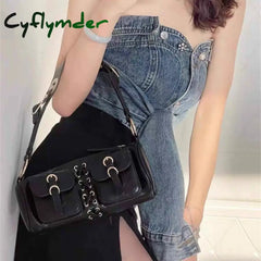 Cyflymder Vintage Black Women Cylinder Underarm Bags Double Pocket Design Ladies Shoulder Bag