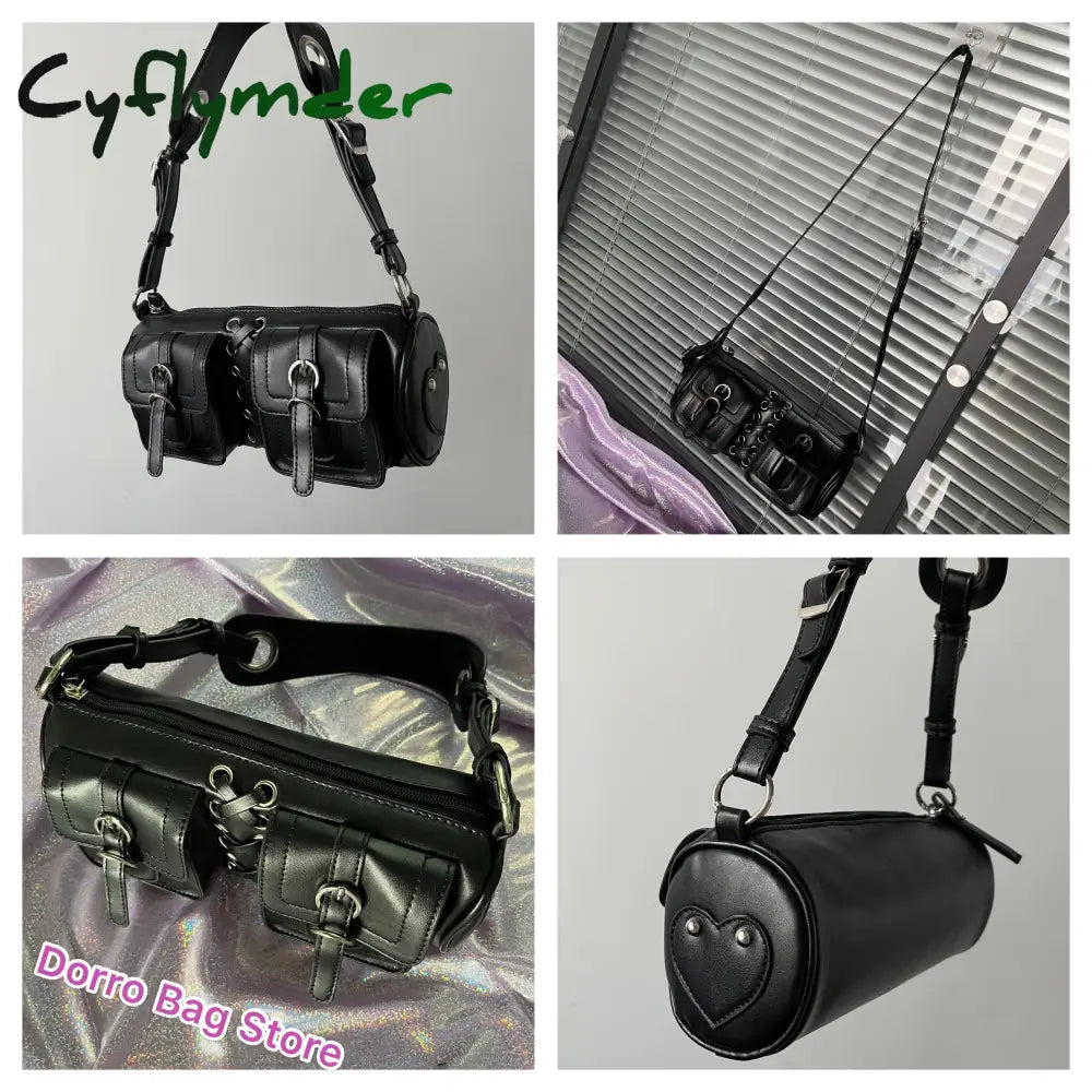 Cyflymder Vintage Black Women Cylinder Underarm Bags Double Pocket Design Ladies Shoulder Bag