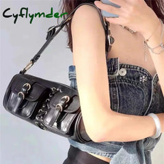 Cyflymder Vintage Black Women Cylinder Underarm Bags Double Pocket Design Ladies Shoulder Bag