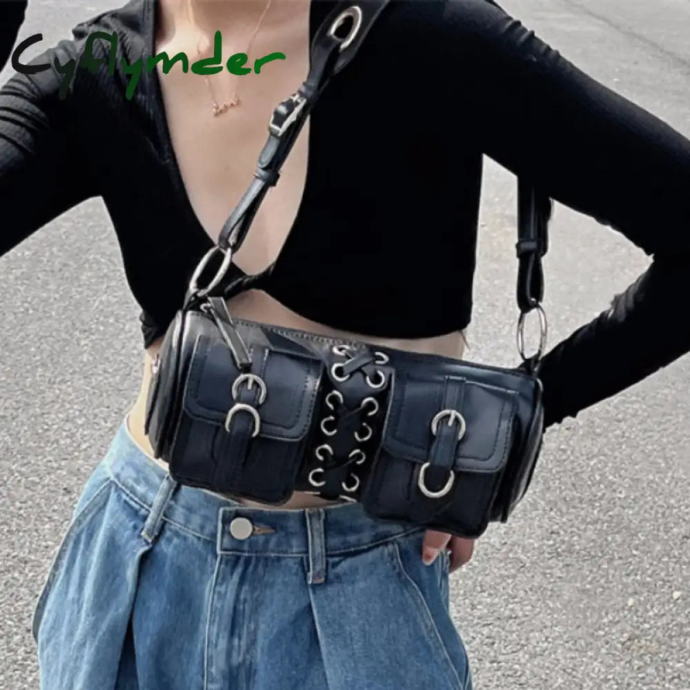 Cyflymder Vintage Black Women Cylinder Underarm Bags Double Pocket Design Ladies Shoulder Bag