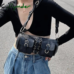 Cyflymder Vintage Black Women Cylinder Underarm Bags Double Pocket Design Ladies Shoulder Bag