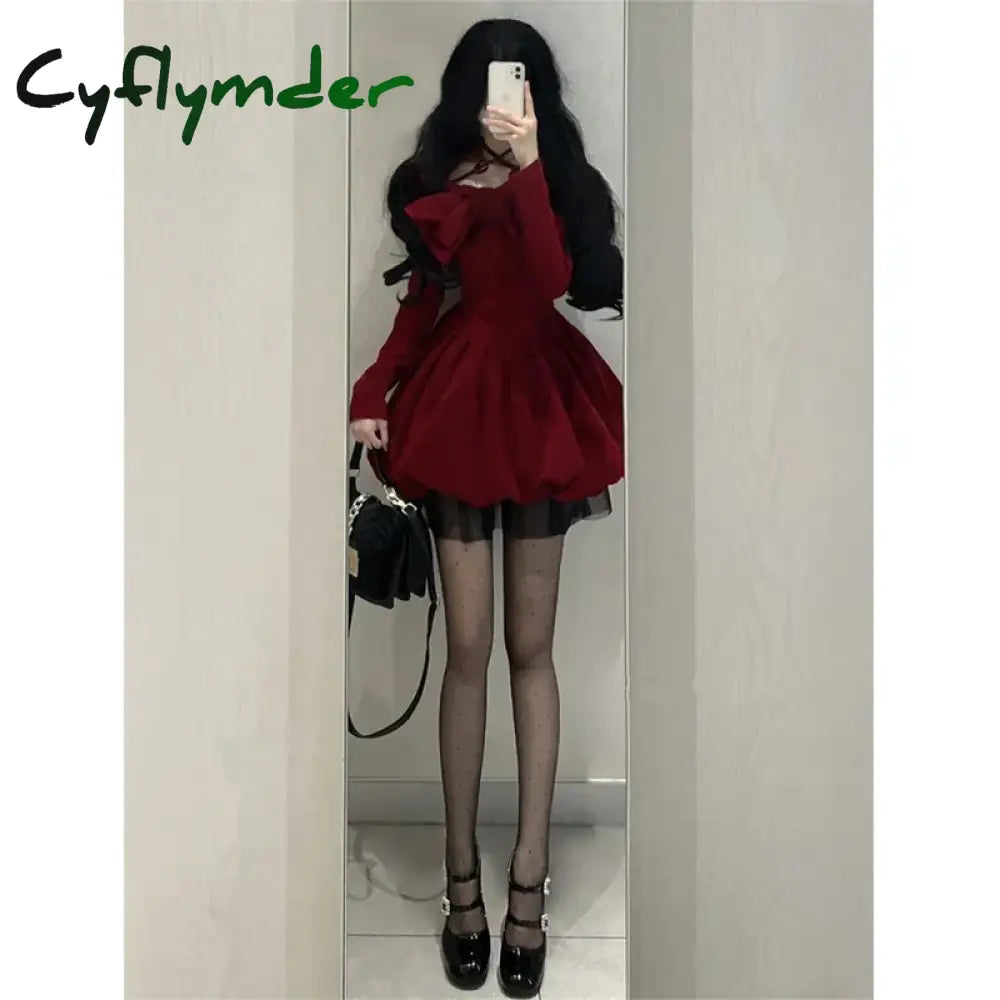 Cyflymder Vintage Bow Mini Dress Women Y2K Sexy Slash Neck Red Velvet Dresses Winter Kawaii Christmas Party Bodycon A
