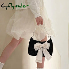 Cyflymder Vintage Bowknot Women Underarm Bags Faux Pearl Chain Ladies Shoulder Crossbody Bag Female