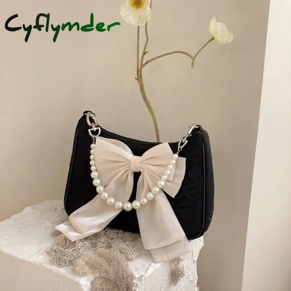 Cyflymder Vintage Bowknot Women Underarm Bags Faux Pearl Chain Ladies Shoulder Crossbody Bag Female