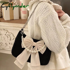 Cyflymder Vintage Bowknot Women Underarm Bags Faux Pearl Chain Ladies Shoulder Crossbody Bag Female