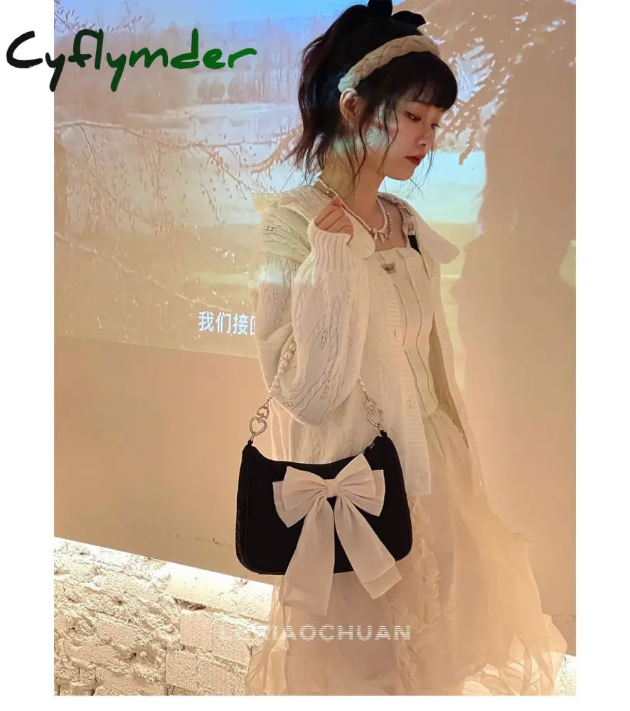 Cyflymder Vintage Bowknot Women Underarm Bags Faux Pearl Chain Ladies Shoulder Crossbody Bag Female