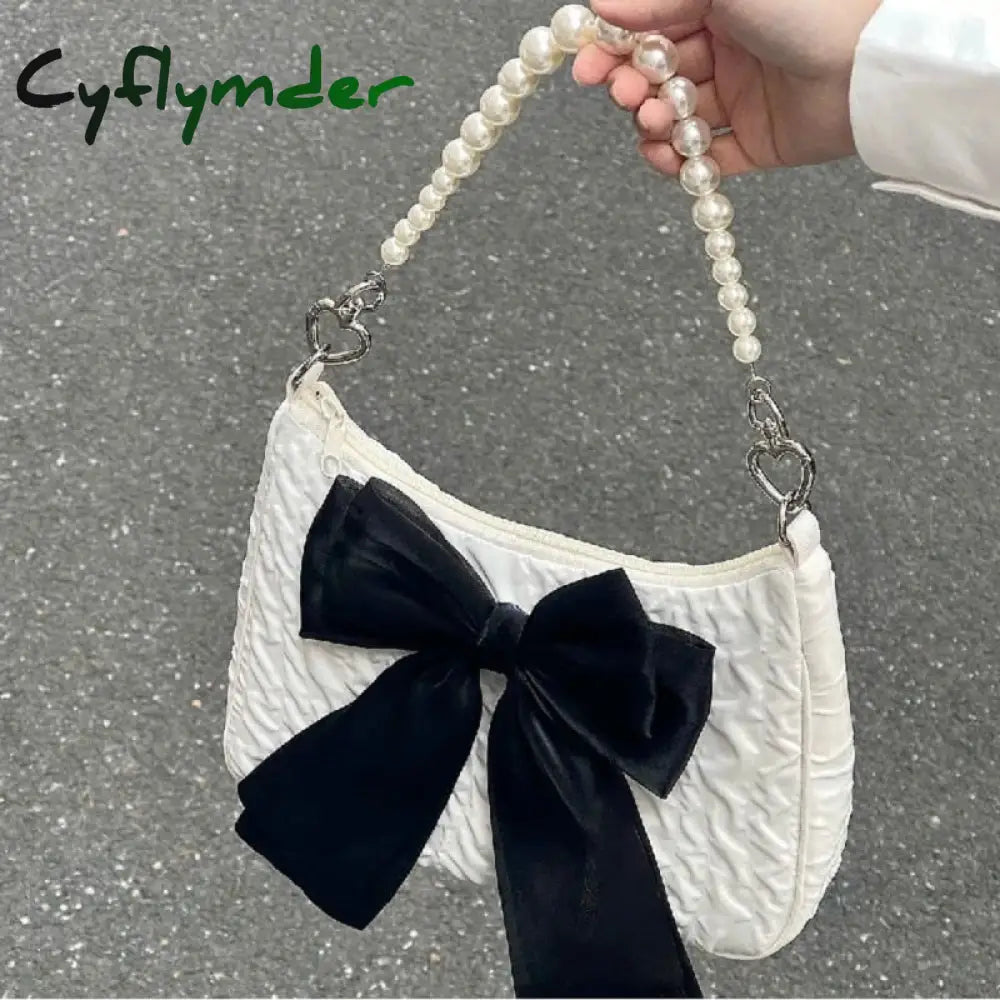 Cyflymder Vintage Bowknot Women Underarm Bags Faux Pearl Chain Ladies Shoulder Crossbody Bag Female