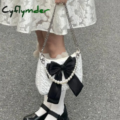 Cyflymder Vintage Bowknot Women Underarm Bags Faux Pearl Chain Ladies Shoulder Crossbody Bag Female