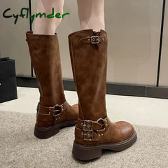 Cyflymder Vintage Buckle Cowgirl Western Boots Women Suqare Toe Platform Knee High Woman Pu Leather