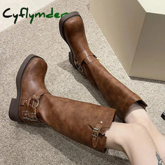 Cyflymder Vintage Buckle Cowgirl Western Boots Women Suqare Toe Platform Knee High Woman Pu Leather