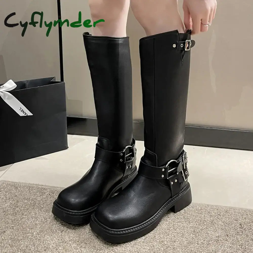 Cyflymder Vintage Buckle Cowgirl Western Boots Women Suqare Toe Platform Knee High Woman Pu Leather