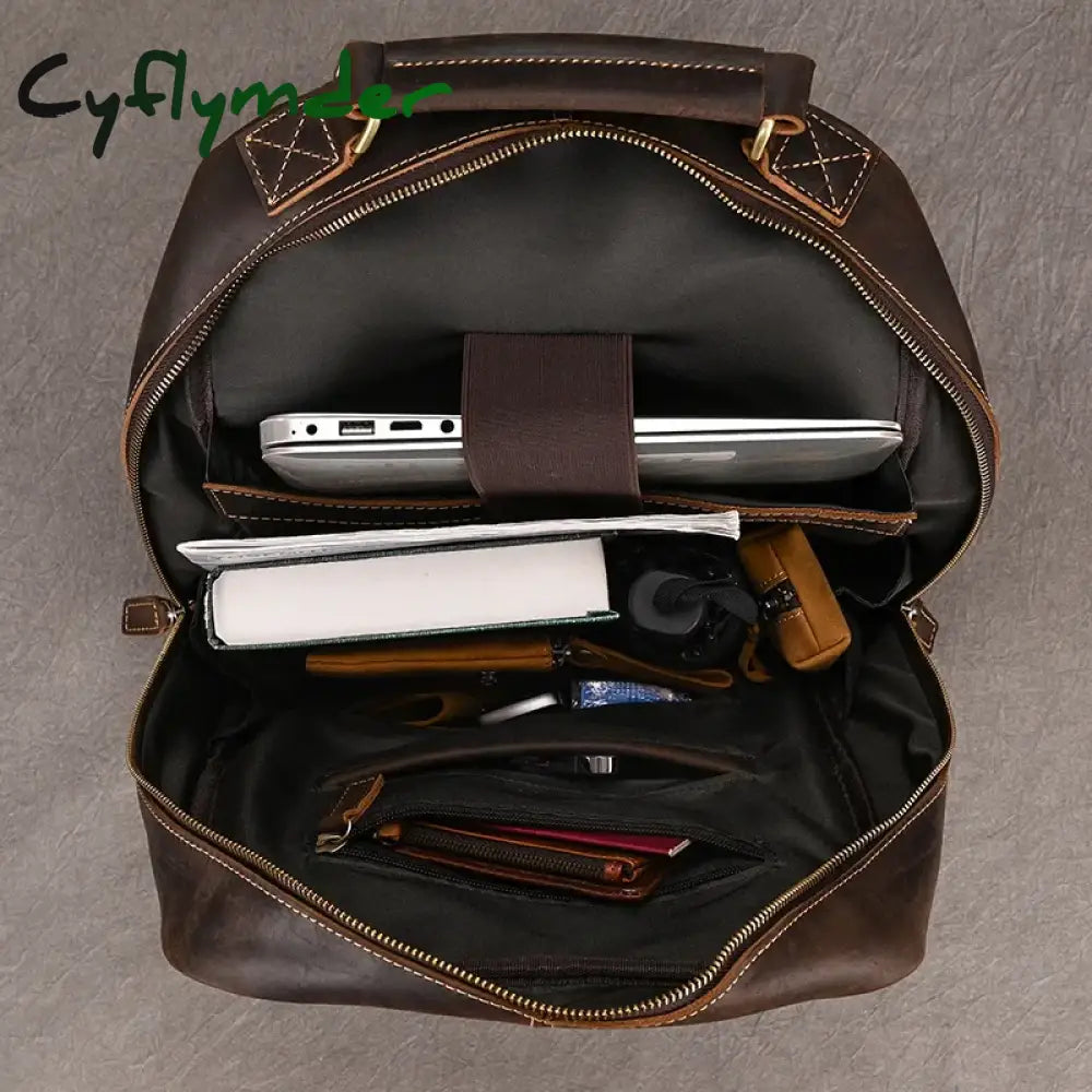 Cyflymder Vintage Crazy Horse Genuine Leather Man’s Backpack Fit 14’’ Laptop Women Rucksack