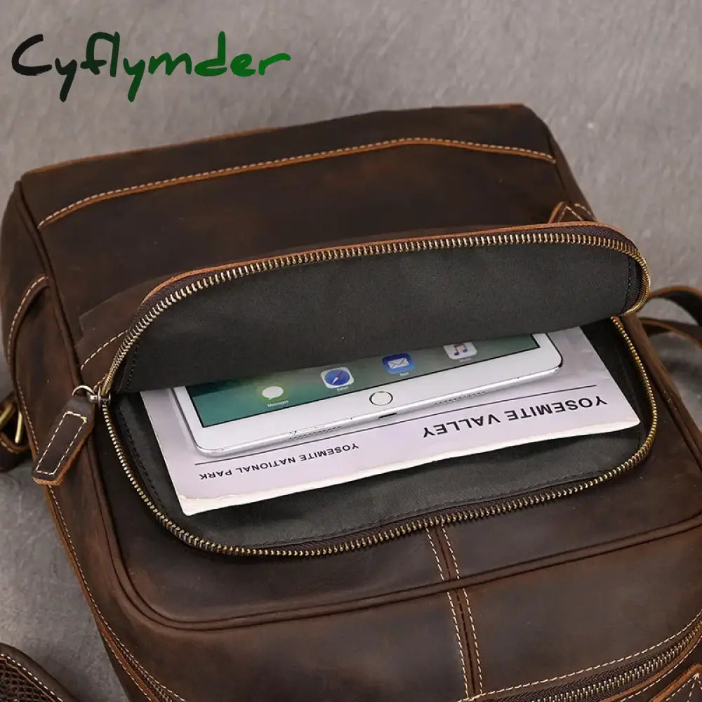 Cyflymder Vintage Crazy Horse Genuine Leather Man’s Backpack Fit 14’’ Laptop Women Rucksack