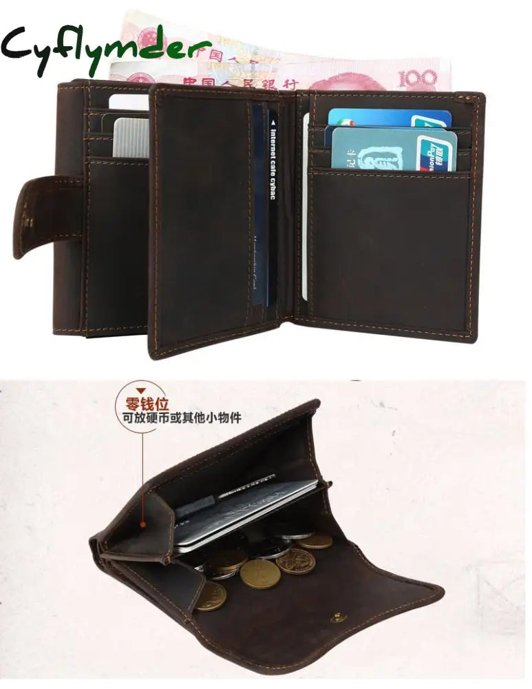 Cyflymder Vintage Crazy Horse Genuine Leather Men Wallet Purse Male Short Style Clutch Bag Coin