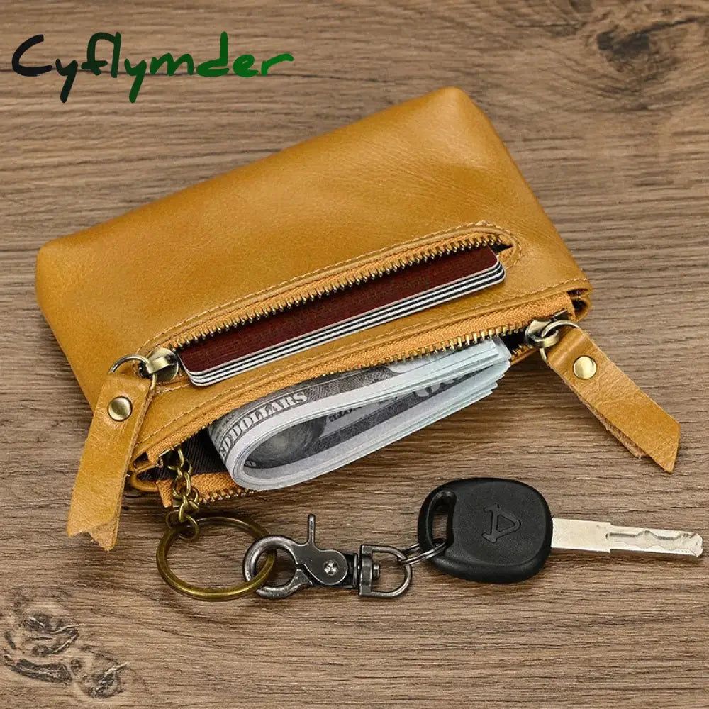 Cyflymder Vintage Crazy Horse Leather Men Coin Purse Genuine Zipper Wallet Retro Key Holder Small