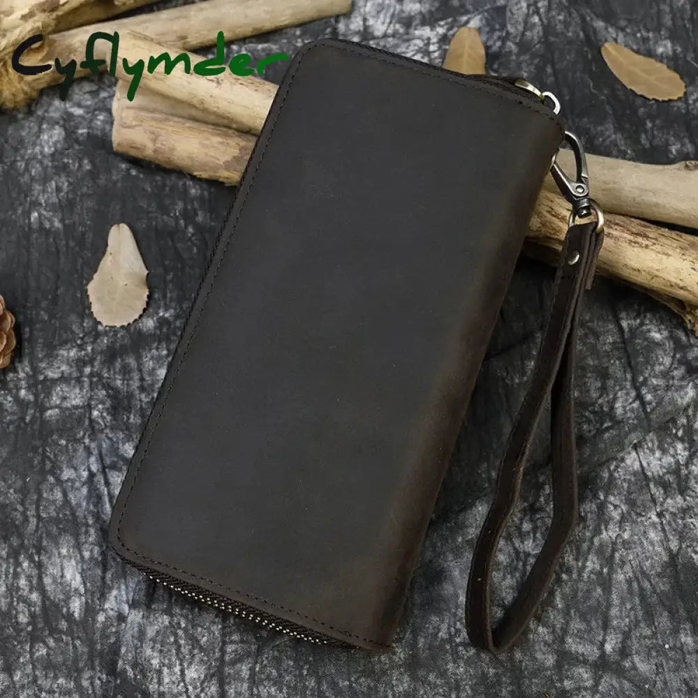 Cyflymder Vintage Crazy Horse Leather Men Women Long Purse Wallet Credit Card Double Zip Wallets