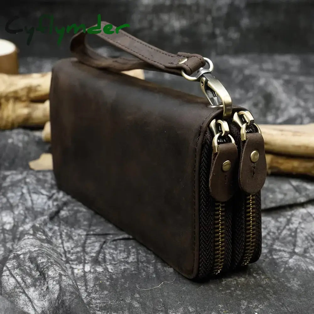 Vintage Crazy Horse Leather Men Women Long Purse Wallet Credit Card Double Zip Wallets Long Wallet Male Clutch Purse