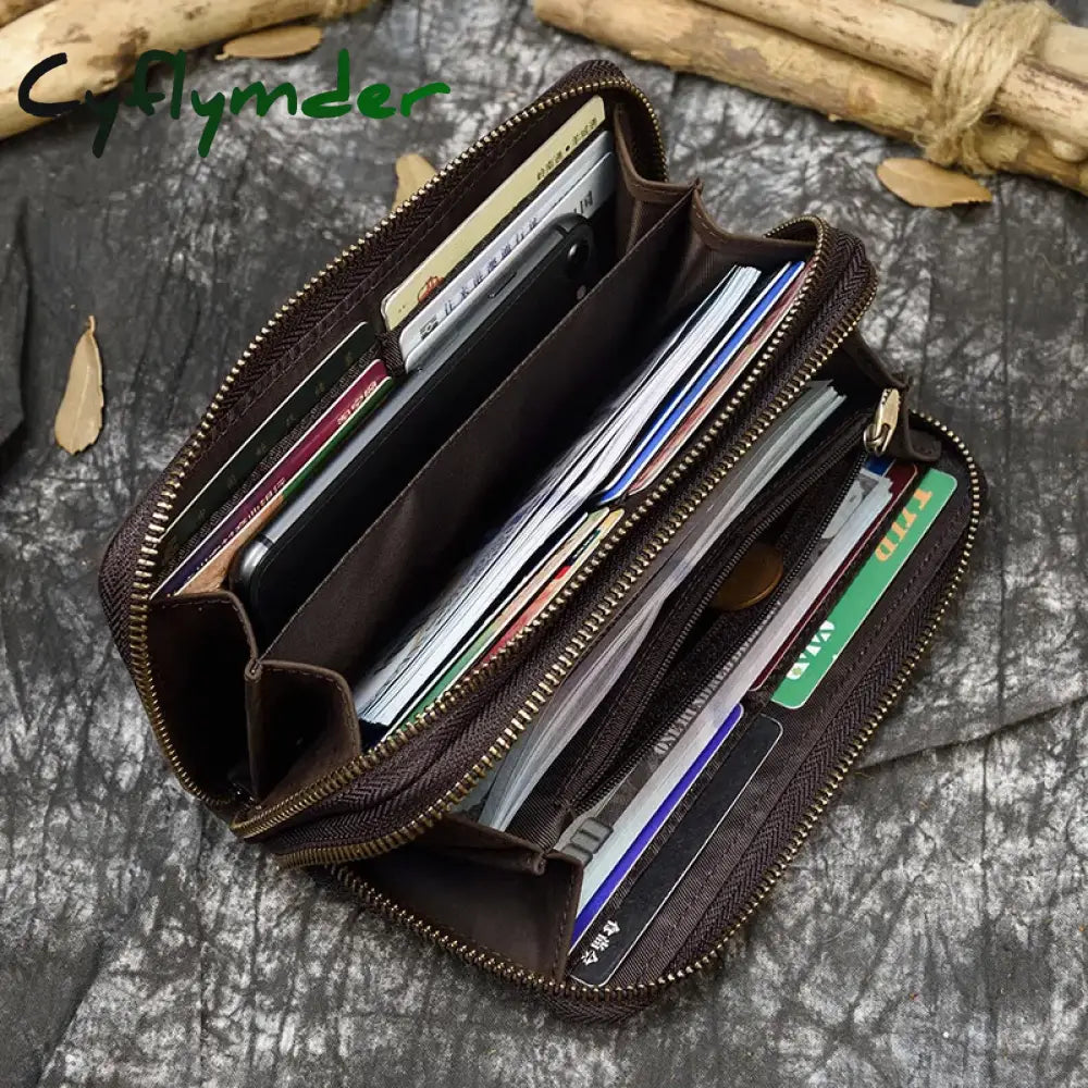 Cyflymder Vintage Crazy Horse Leather Men Women Long Purse Wallet Credit Card Double Zip Wallets