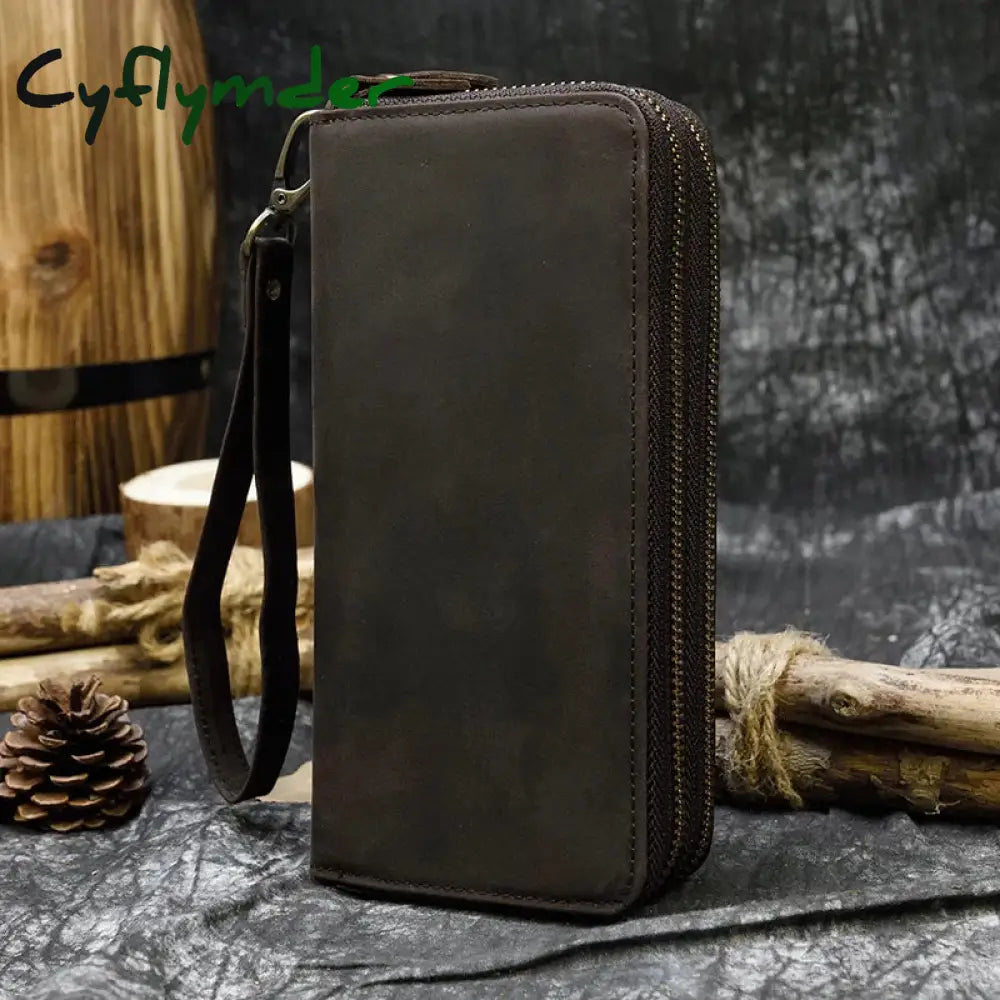 Cyflymder Vintage Crazy Horse Leather Men Women Long Purse Wallet Credit Card Double Zip Wallets