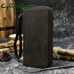 Cyflymder Vintage Crazy Horse Leather Men Women Long Purse Wallet Credit Card Double Zip Wallets