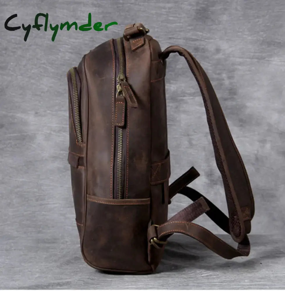 Cyflymder Vintage Crazy Horse Leather Men’s Backpack Bag Hiking Bagpack Cowhide Genuine Leather Rucksack Male Daypack