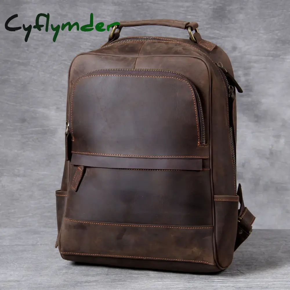 Cyflymder Vintage Crazy Horse Leather Men’s Backpack Bag Hiking Bagpack Cowhide Genuine Leather Rucksack Male Daypack