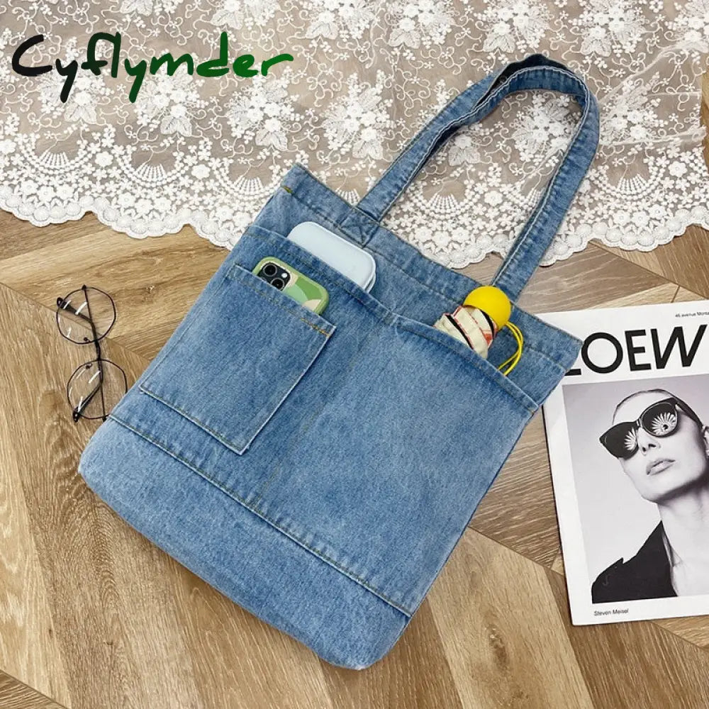 Vintage Denim Splicing Shoulder Bag Fashion Student Class Bags Casual Large Capacity Canvas Tote Underarm Bag