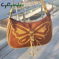 Cyflymder Vintage Design Women’s Small Shoulder Bag Brown Butterfly Embroidery Female Underarm