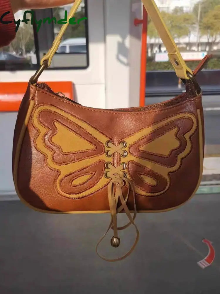 Cyflymder Vintage Design Women’s Small Shoulder Bag Brown Butterfly Embroidery Female Underarm