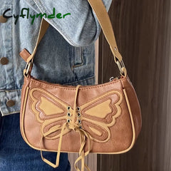 Cyflymder Vintage Design Women’s Small Shoulder Bag Brown Butterfly Embroidery Female Underarm