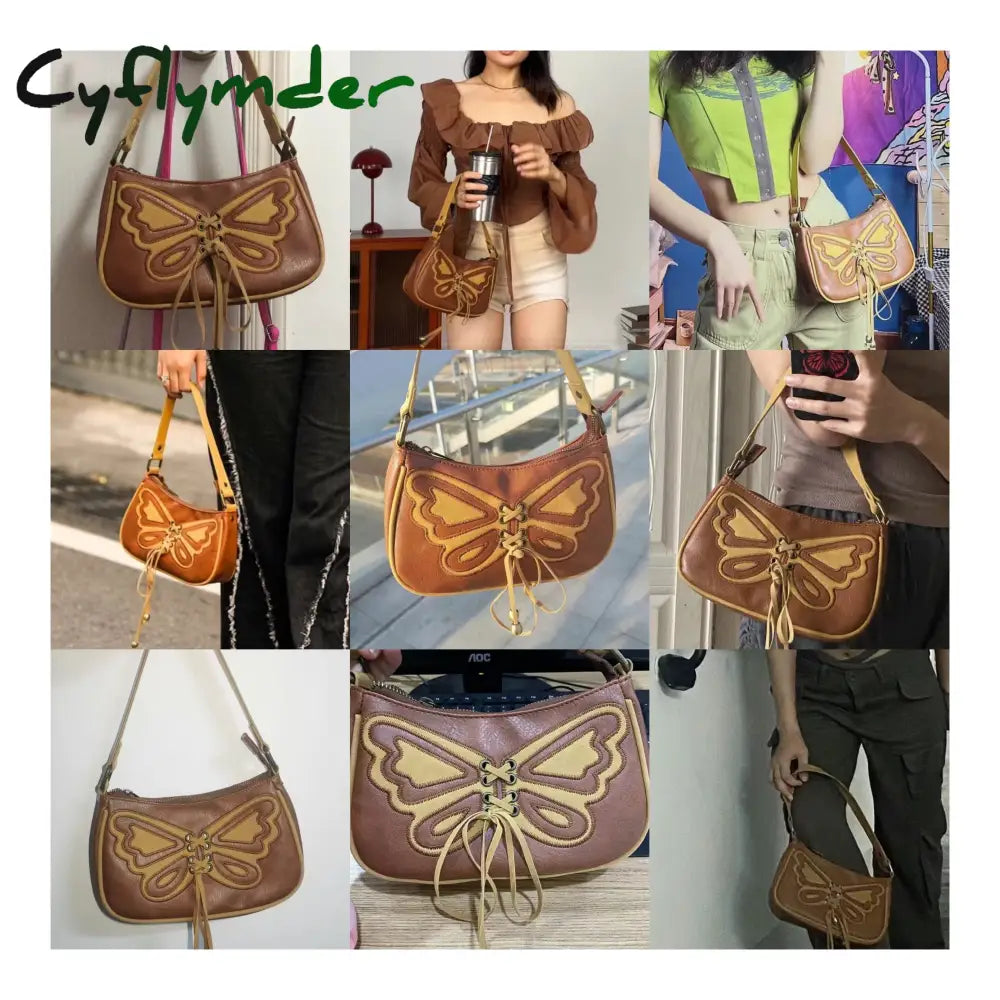 Cyflymder Vintage Design Women’s Small Shoulder Bag Brown Butterfly Embroidery Female Underarm