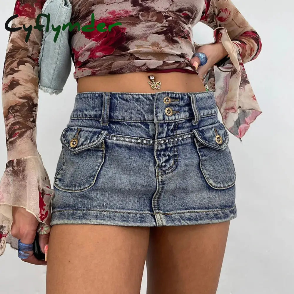 Cyflymder Vintage Diamonds Denim Mini Skirts Y2K Aesthetic Korean Kawaii Low Rise Skinny Wrap