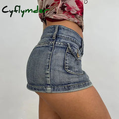 Cyflymder Vintage Diamonds Denim Mini Skirts Y2K Aesthetic Korean Kawaii Low Rise Skinny Wrap