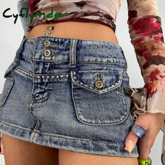 Cyflymder Vintage Diamonds Denim Mini Skirts Y2K Aesthetic Korean Kawaii Low Rise Skinny Wrap