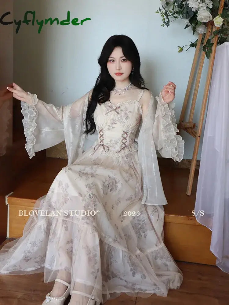 Cyflymder Vintage Elegant Floral Dress Women Sweet Ruffles Mesh Fairy Strap Dress Female Summer Court Retro Evening