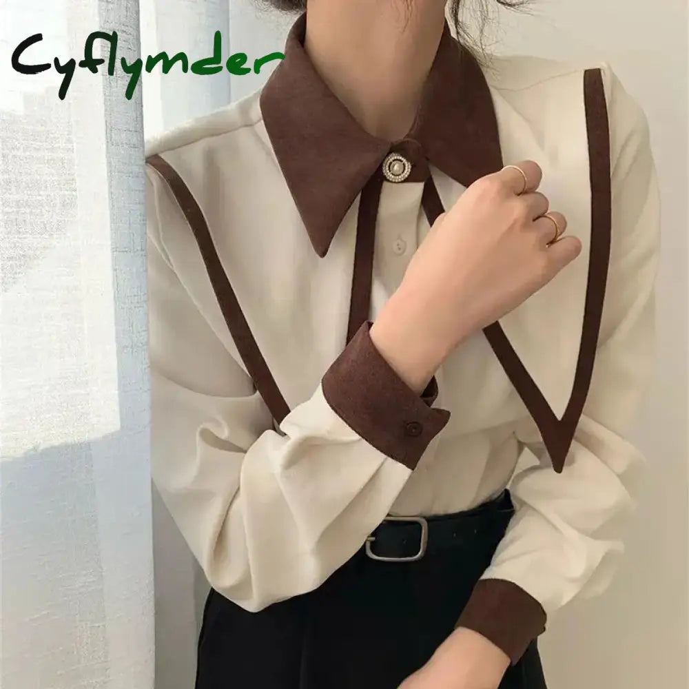 Cyflymder Vintage Elegant Shirts Women Chiffon Patchwork Ruffle Turn Down Collar Long Sleeve Blouse
