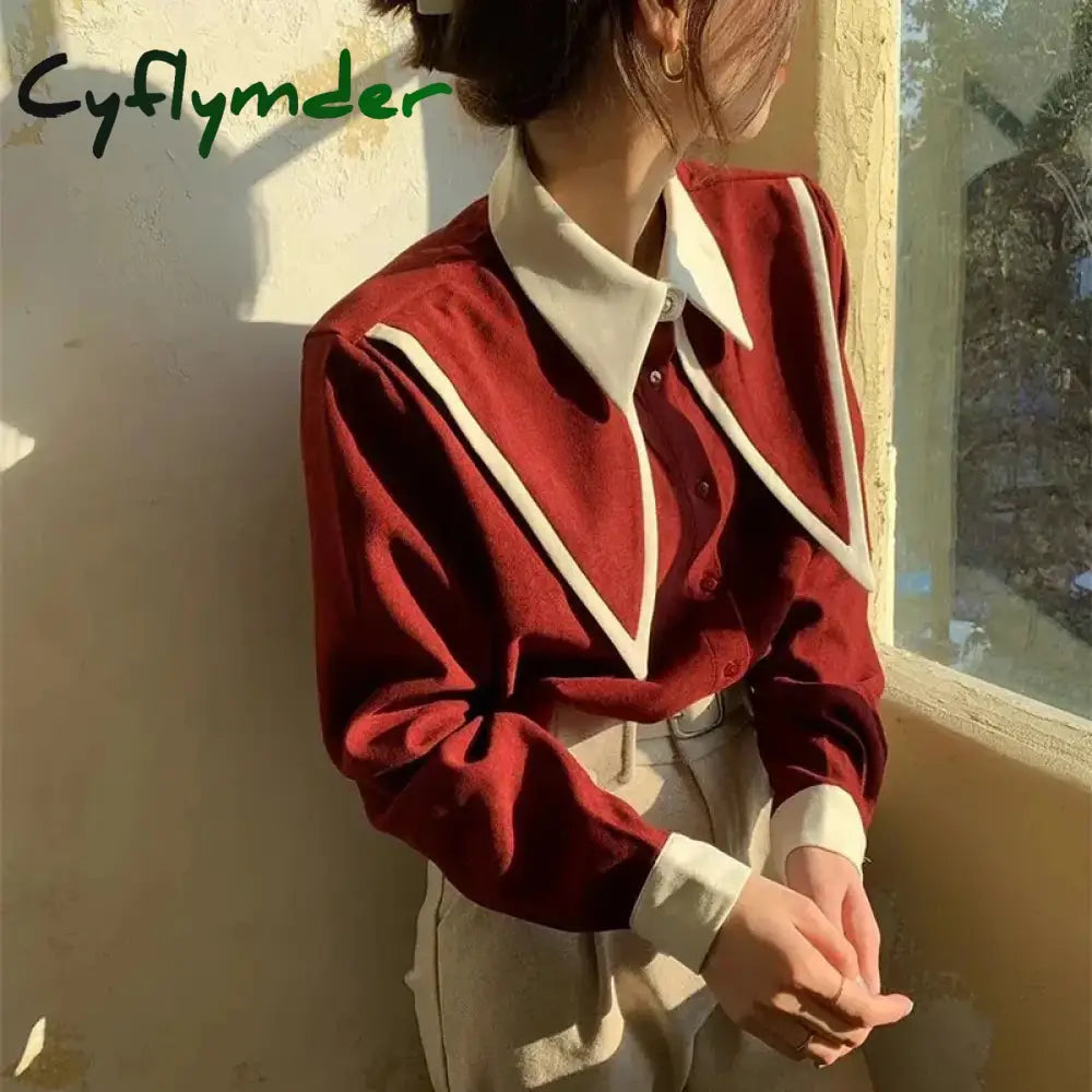 Cyflymder Vintage Elegant Shirts Women Chiffon Patchwork Ruffle Turn Down Collar Long Sleeve Blouse