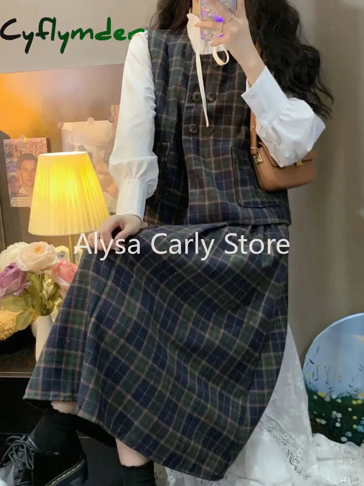 Cyflymder Vintage Fashion Three Piece-Set Women Autumn Button Cropped Vest Plaid Midi Skirt Sets Elegant Casual Chic