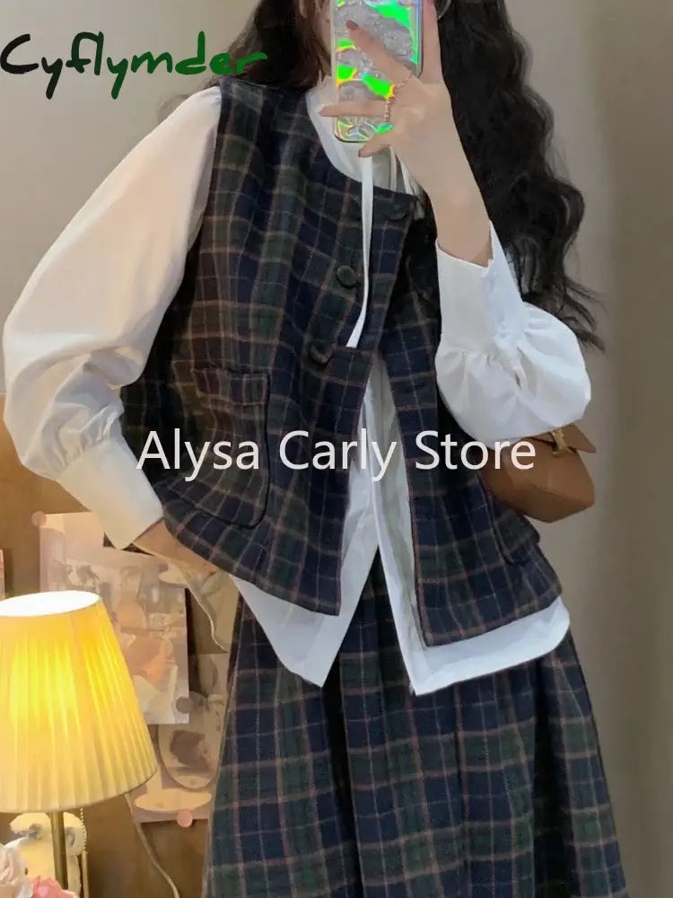 Cyflymder Vintage Fashion Three Piece-Set Women Autumn Button Cropped Vest Plaid Midi Skirt Sets Elegant Casual Chic