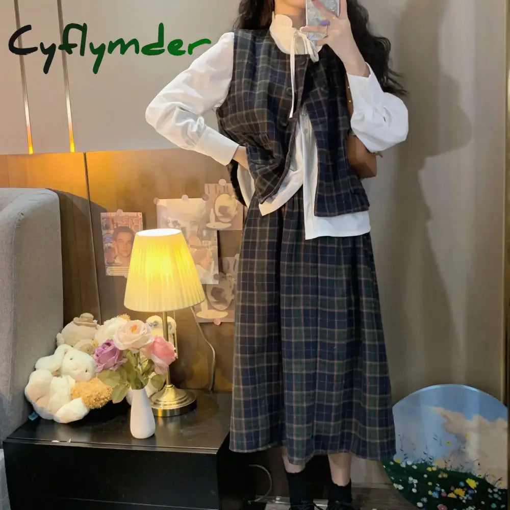 Cyflymder Vintage Fashion Three Piece-Set Women Autumn Button Cropped Vest Plaid Midi Skirt Sets Elegant Casual Chic