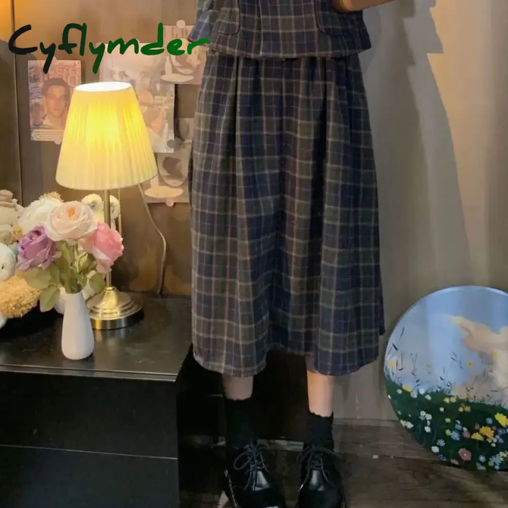 Cyflymder Vintage Fashion Three Piece-Set Women Autumn Button Cropped Vest Plaid Midi Skirt Sets Elegant Casual Chic