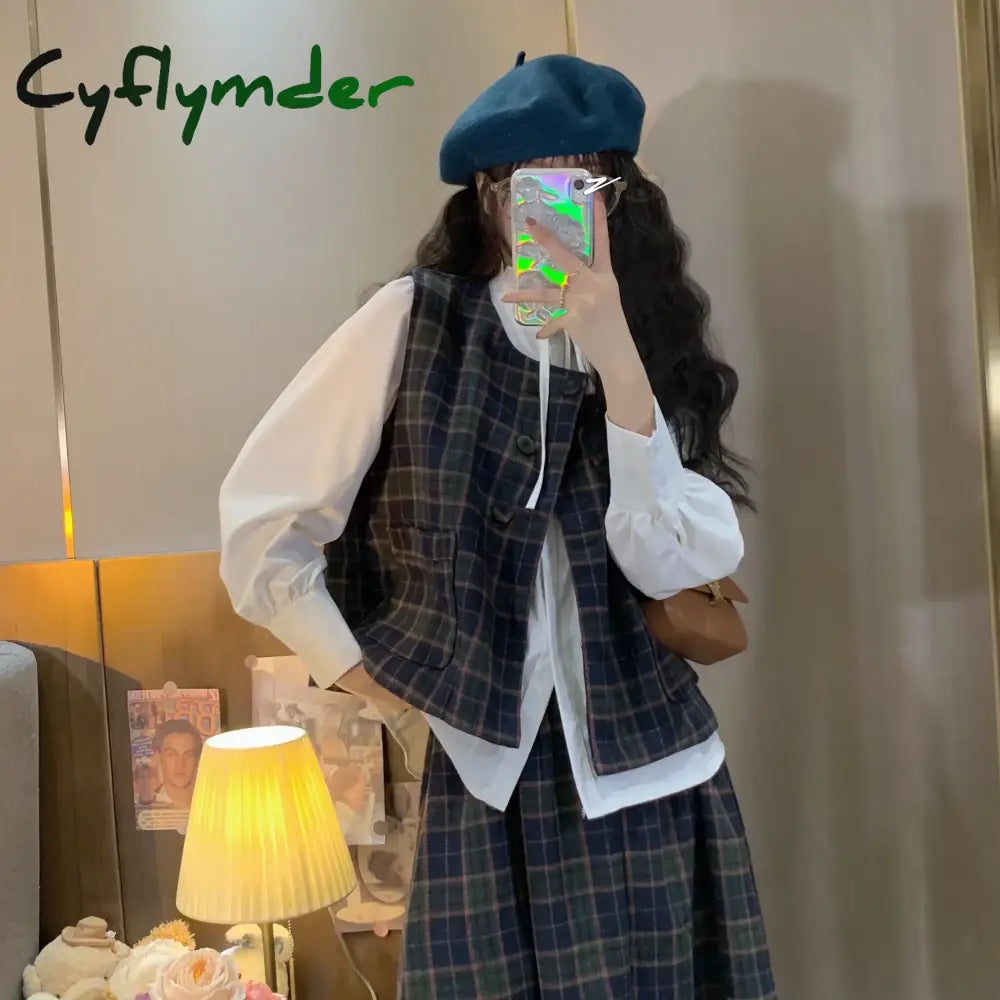 Cyflymder Vintage Fashion Three Piece-Set Women Autumn Button Cropped Vest Plaid Midi Skirt Sets Elegant Casual Chic