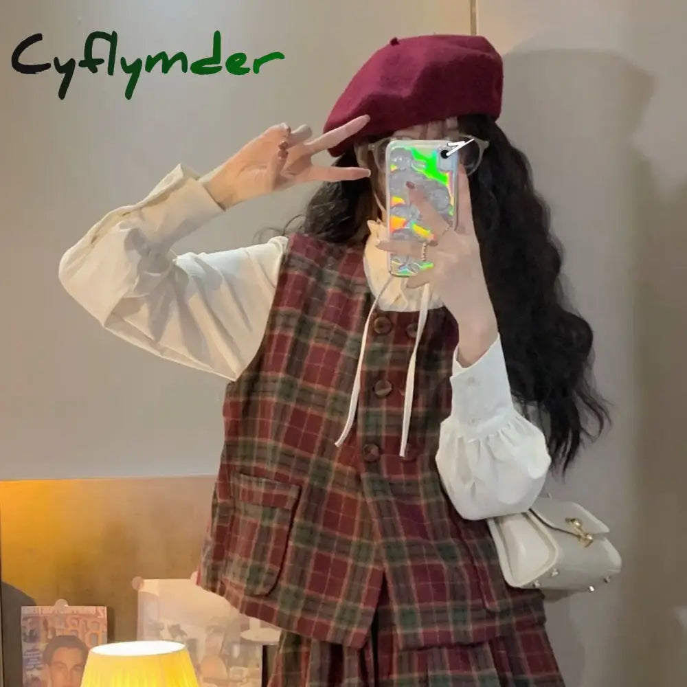 Cyflymder Vintage Fashion Three Piece-Set Women Autumn Button Cropped Vest Plaid Midi Skirt Sets Elegant Casual Chic
