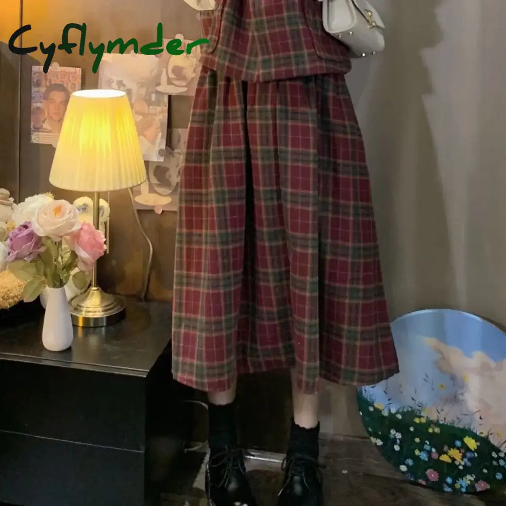 Cyflymder Vintage Fashion Three Piece-Set Women Autumn Button Cropped Vest Plaid Midi Skirt Sets Elegant Casual Chic