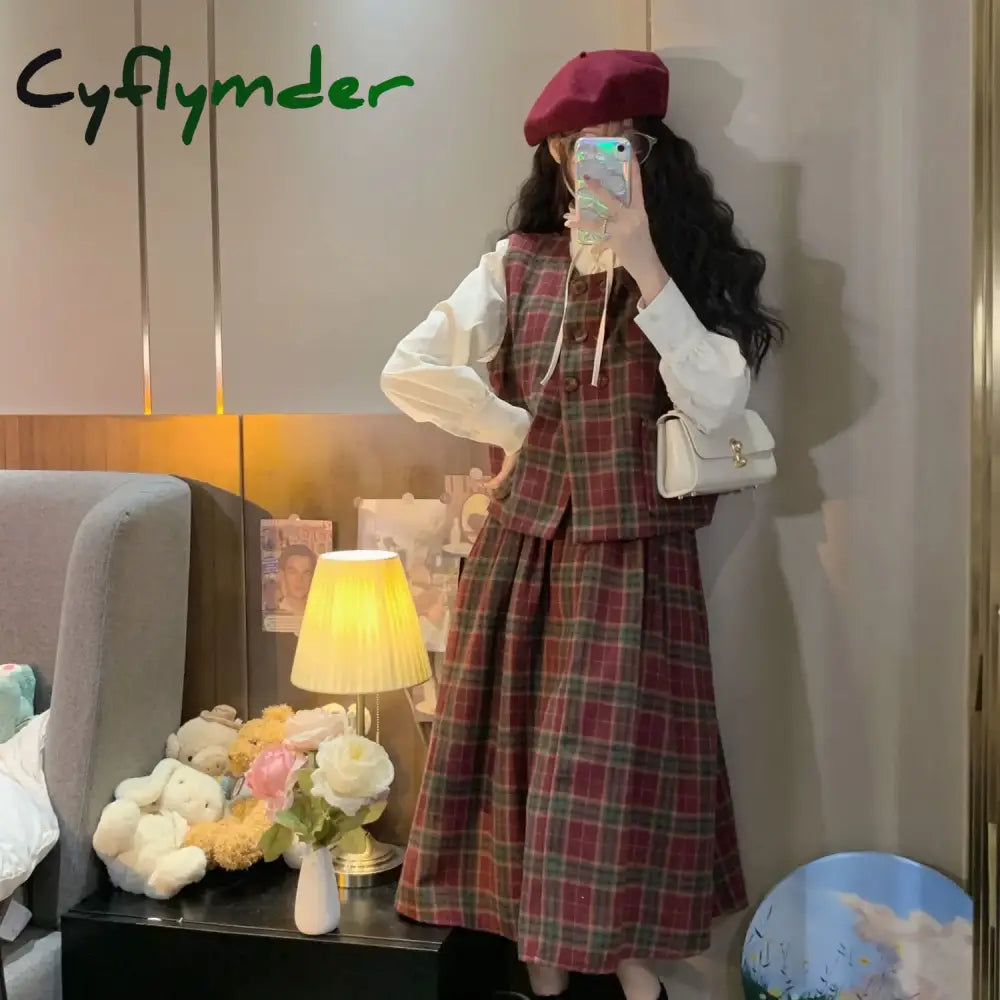 Cyflymder Vintage Fashion Three Piece-Set Women Autumn Button Cropped Vest Plaid Midi Skirt Sets Elegant Casual Chic