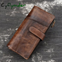 Cyflymder Vintage Fashion Wax Oil Skin Long Purse Genuine Leather Notecase For Ladies Girls 2 Folds