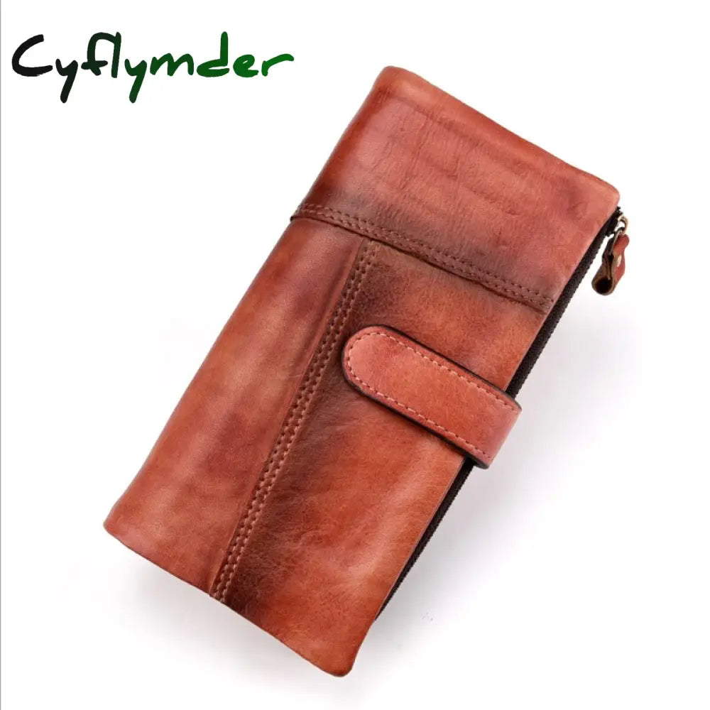 Cyflymder Vintage Fashion Wax Oil Skin Long Purse Genuine Leather Notecase For Ladies Girls 2 Folds