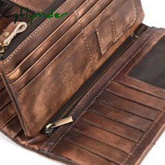 Cyflymder Vintage Fashion Wax Oil Skin Long Purse Genuine Leather Notecase For Ladies Girls 2 Folds